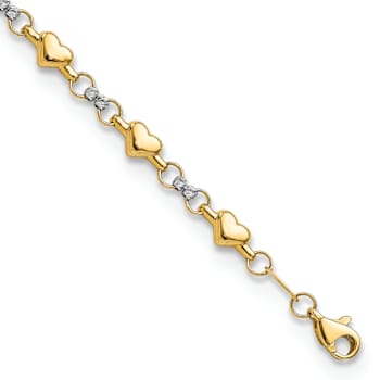 14k Two-tone Gold Polished Diamond-Cut Heart Link Bracelet