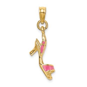 14k Yellow Gold Textured Pink Enameled 3D Open Toe High Heel Charm