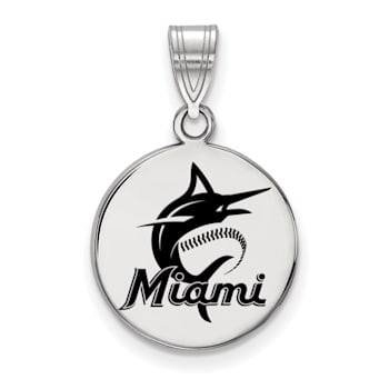 Rhodium Over Sterling Silver MLB LogoArt Miami Marlins Enamel Pendant