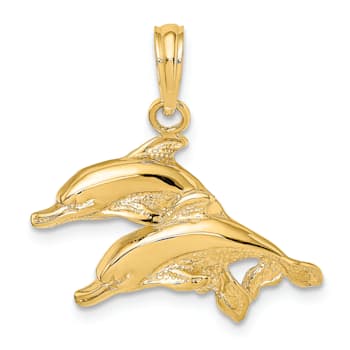 14k Yellow Gold Polished and Textured Dolphins Charm