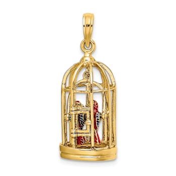 14k Yellow Gold 3D Enamel Bird Cage and Doors with 2 Birds Pendant