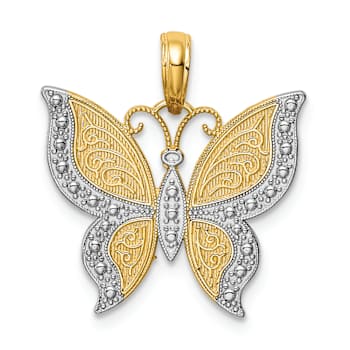 10K Yellow Gold and Rhodium Over 10K Yellow Gold Textured Butterfly Charm
