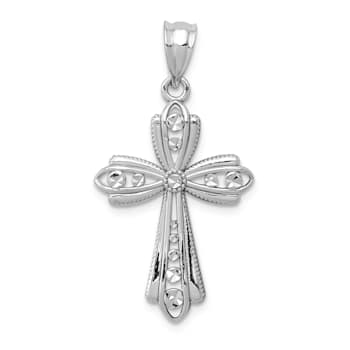 Rhodium Over 14K White Gold Polished Diamond-cut Fancy Cross Pendant