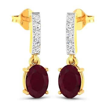 1.70ctw 14K Yellow Gold Red Ruby and White Diamond Halo Earrings