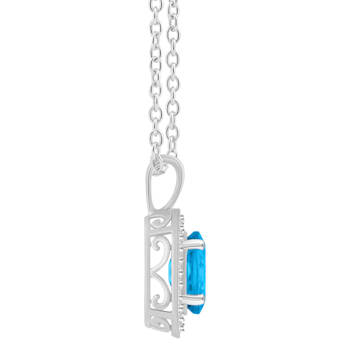 8x6mm Oval Blue Topaz 1/8 ctw Diamond Rhodium Over Sterling Silver Halo
Pendant with Chain