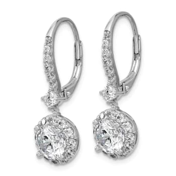 Rhodium Over Sterling Silver Round Cubic Zirconia Halo Dangle Leverback Earrings