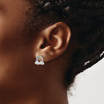 Rhodium Over Sterling Silver Crystal Rainbow and Clouds Children's Post Earrings