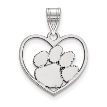 Rhodium Over Sterling Silver LogoArt Clemson University Heart Pendant