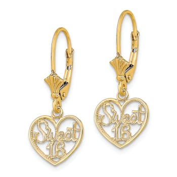 14k Yellow Gold Polished Sweet 16 Heart Dangle Earrings