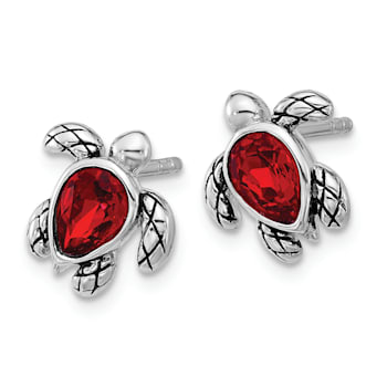 Rhodium Over Sterling Silver Antiqued Crystal July Birthstone Turtle Earrings