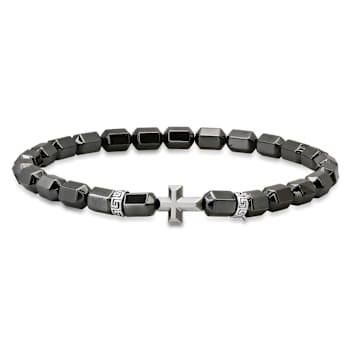 Black Hematite Cross Charm Beaded Stretch Bracelet In Sterling Silver