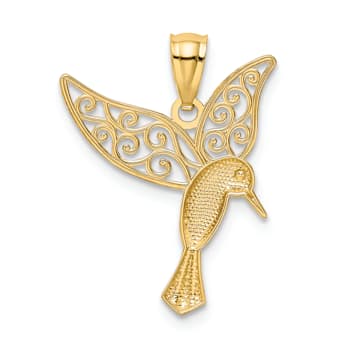 14K Two-tone Gold Polished Hummingbird Filigree Wings Pendant