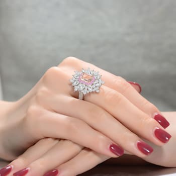 Morganite Cubic Zirconia, Rhodium Plated over Sterling Silver Halo Ring