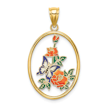 14k Yellow Gold Enamel White Butterfly In Oval with Orange Flowers Charm