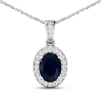 1.30ctw 14K White Gold Blue Sapphire and White Diamond Pendant with 18
inch Cable Chain