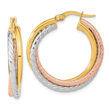 14K Yellow Gold and Rhodium Over 14K Yellow Gold 1 1/16" Polished
and Textured Twisted Hoop Earrings