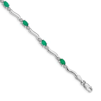 Rhodium Over 14k White Gold Diamond and Emerald Bracelet