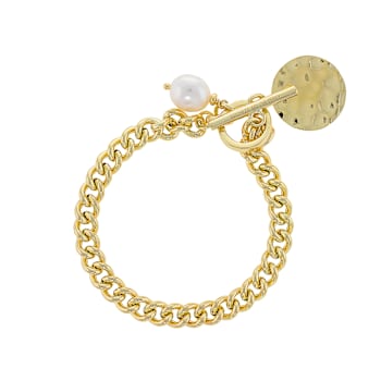 Cultured Freshwater Pearl Toggle Bracelet In 18K Gold Over Bronze 9.5mm