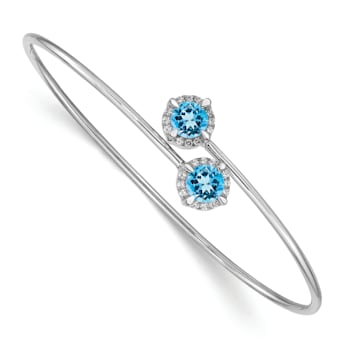 Rhodium Over 14k White Gold Blue Topaz and Diamond Flexible Bangle