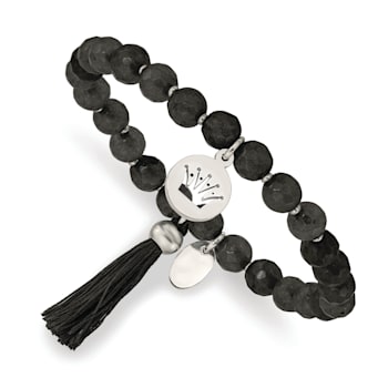 Stainless Steel Polished Crown with Tassel Black Jade Stretch Bracelet