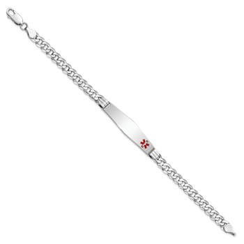 Rhodium Over 14k White Gold Medical Soft Diamond Shape Red Enamel Flat
Curb Link ID Bracelet
