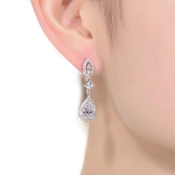 Pear Shape CZ Halo Drop Earrings In Sterling Silver