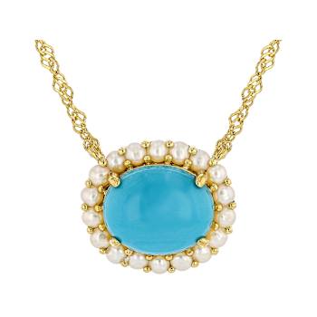Turquoise And Cultured Seed Pearl Station Necklace In 18K Gold Over
Sterling Silver