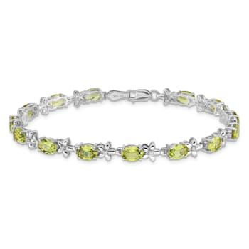 Rhodium Over 14k White Gold Floral Diamond and Peridot Bracelet