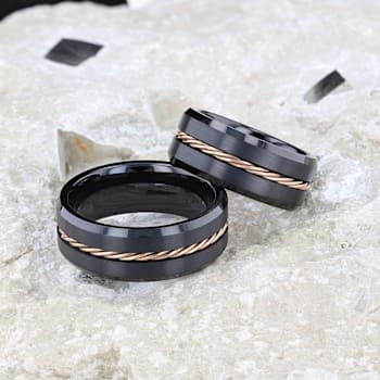 ADELARD Rose Gold Braided Brushed Center Black Tungsten Wedding Band
With Polished Beveled Edges 8mm