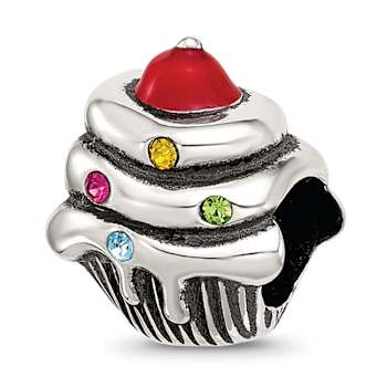 Sterling Silver Crystal and Enamel Red Cherry Cupcake Bead