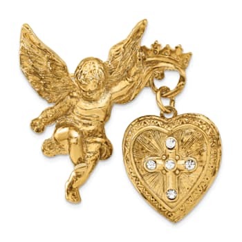 Symbols Of Faith Gold-tone Angel with 20mm Dangle Heart Crystal Cross
Locket Brooch Pin