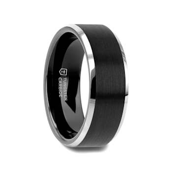 ASTON Black Brushed Center Tungsten Ring with Polished Beveled Edges 8mm