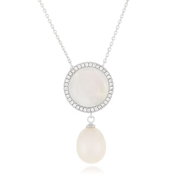 Cultured Pearl, Mother of Pearl and CZ Necklace in Sterling Silver