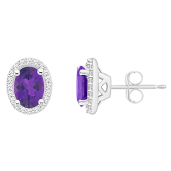 7x5mm Oval Amethyst 1/5 ctw Diamond Rhodium Over Sterling Silver Halo
Stud Earrings
