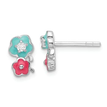 Rhodium Over Sterling Silver Cubic Zirconia and Enamel Flowers
Children's Post Earrings