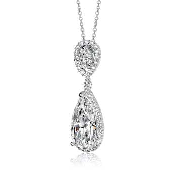 Pear Shape CZ Halo Drop Necklace In Sterling Silver