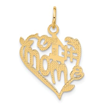 14k Yellow Gold Textured Number 1 Mom Heart Charm Pendant