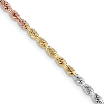 14k Yellow Gold, 14k White Gold and 14k Rose Gold 3mm Solid Diamond-Cut
Rope 24 Inch Chain