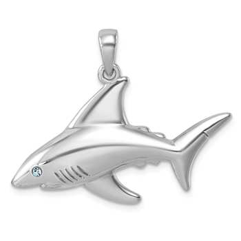 Rhodium Over Sterling Silver Polished Crystal Eye Shark Pendant
