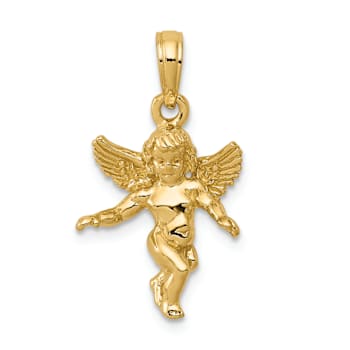 14k Yellow Gold 3D Polished and Textured Solid Angel Pendant