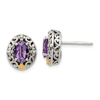 Sterling Silver Antiqued with 14K Accent Amethyst Post Earrings