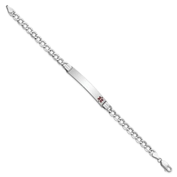 Rhodium Over 14k White Gold Medical Polished Red Enamel Curb Link ID Bracelet