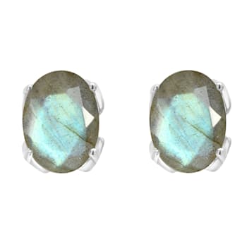 8x6mm Oval Labradorite Rhodium Over Sterling Silver Stud Earrings