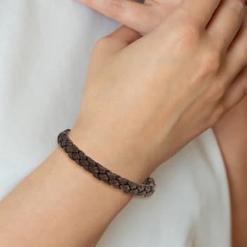 Brown Woven Leather and Stainless Steel Polished 8.75-inch Bracelet