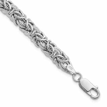 Rhodium Over Sterling Silver 7.5mm Hollow Byzantine 8 Inch Bracelet