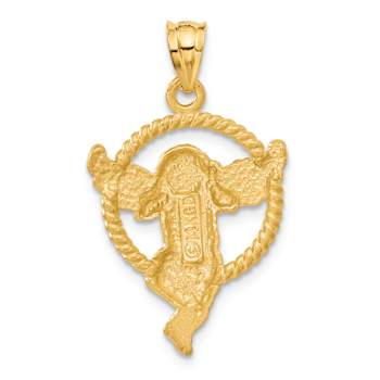 14k Yellow Gold Satin and Diamond-Cut Angel in Circle Pendant