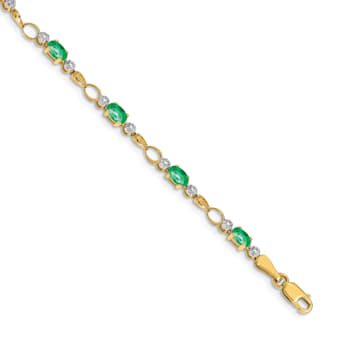 14k Yellow Gold and Rhodium Over 14k Yellow Gold Open-Link Diamond and
Emerald Bracelet