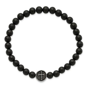 Stainless Steel Antiqued and Polished Black Agate Cross Stretch Bracelet