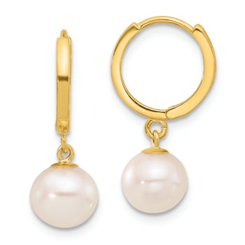 14K Yellow Gold 7-8mm Round Freshwater Cultured Pearl Dangle Hoop Earrings