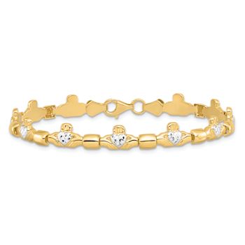 14k Two-tone Gold Diamond-Cut Claddagh Polished Link Bracelet